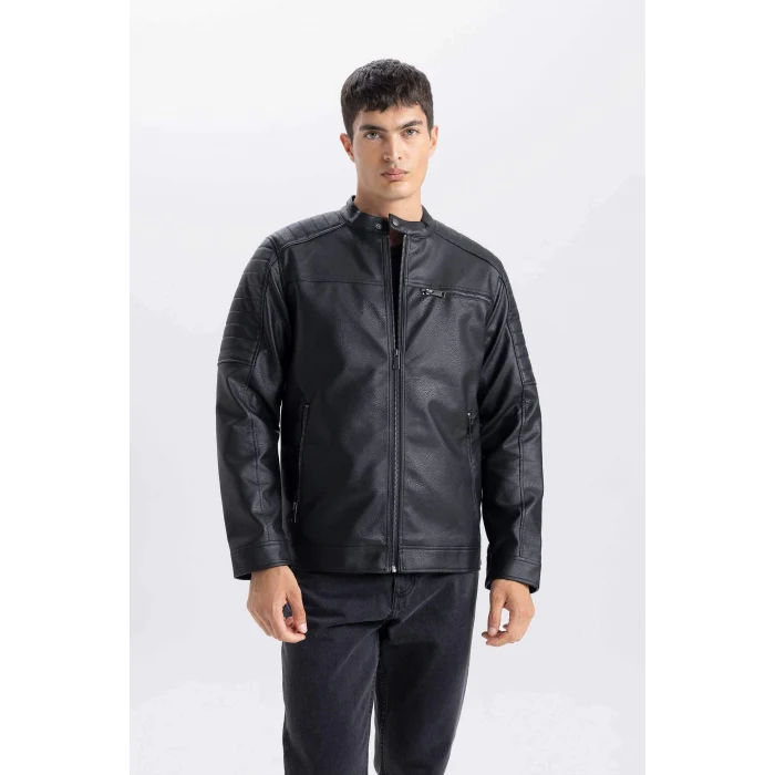 Defacto D6241 Siyah Su İtici Slim Fit Dar Kesim Dik Yaka Fermuarlı Suni Deri Mont