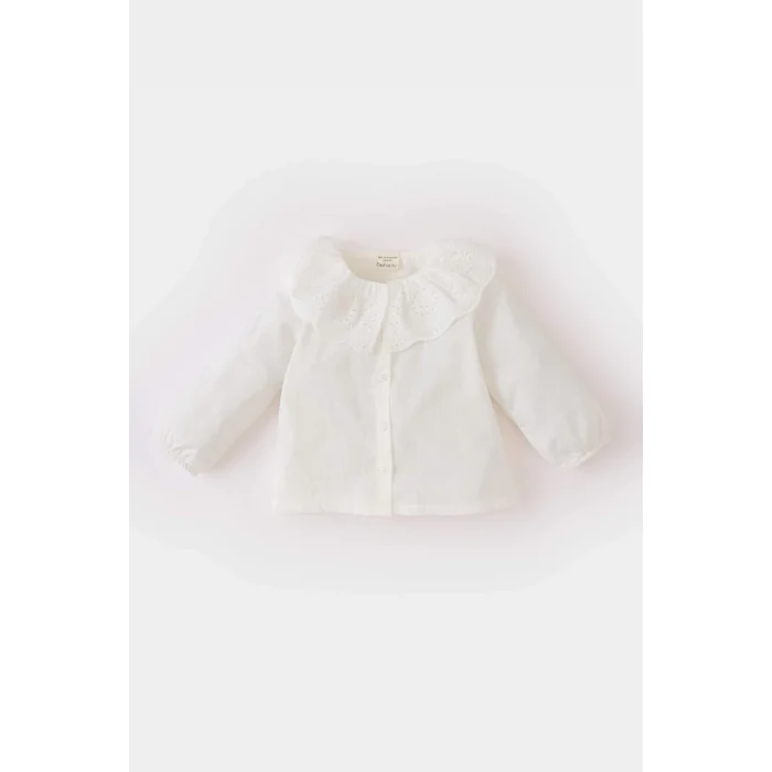Defacto D9383 Ekru Kız Bebek Dantel Yaka Flamlı Poplin Uzun Kollu Gömlek