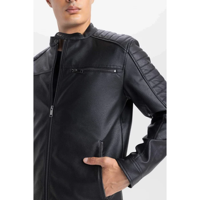 Defacto D6241 Siyah Su İtici Slim Fit Dar Kesim Dik Yaka Fermuarlı Suni Deri Mont