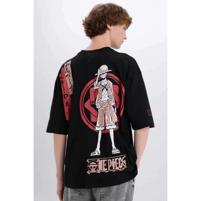 Defacto B5528 Siyah One Piece Loose Fit Bisiklet Yaka Sırt Baskılı Kısa Kollu Tişört