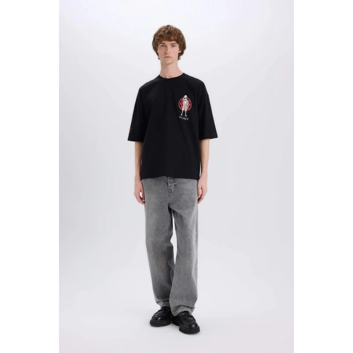 Defacto B5528 Siyah One Piece Loose Fit Bisiklet Yaka Sırt Baskılı Kısa Kollu Tişört