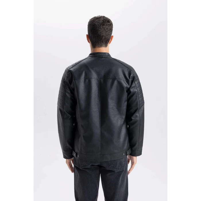 Defacto D6241 Siyah Su İtici Slim Fit Dar Kesim Dik Yaka Fermuarlı Suni Deri Mont