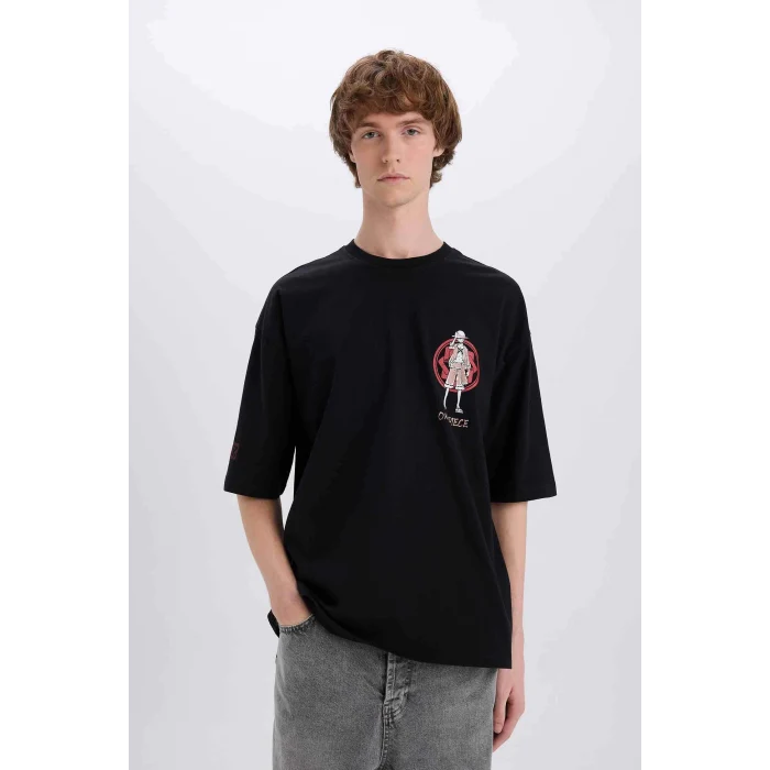 Defacto B5528 Siyah One Piece Loose Fit Bisiklet Yaka Sırt Baskılı Kısa Kollu Tişört