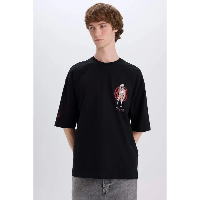 Defacto B5528 Siyah One Piece Loose Fit Bisiklet Yaka Sırt Baskılı Kısa Kollu Tişört