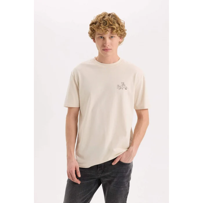 Defacto D6789 Bej Tom & Jerry Regular Fit Bisiklet Yaka Sırt Baskılı Kısa Kollu Tişört