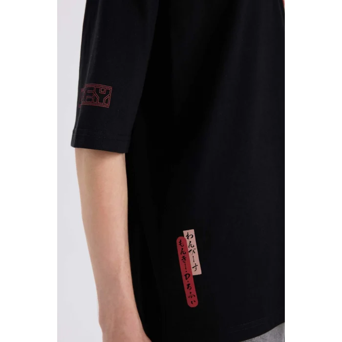 Defacto B5528 Siyah One Piece Loose Fit Bisiklet Yaka Sırt Baskılı Kısa Kollu Tişört