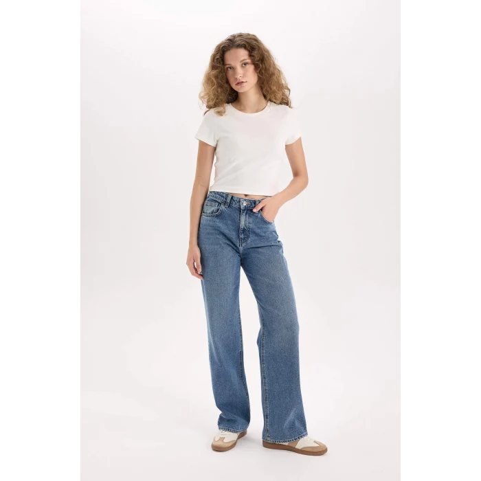 Defacto D7961 Mavi 90s Wide Leg Yüksek Bel Geniş Paça Uzun Jean Pantolon