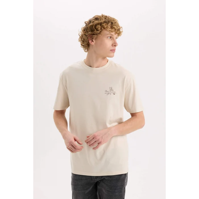 Defacto D6789 Bej Tom & Jerry Regular Fit Bisiklet Yaka Sırt Baskılı Kısa Kollu Tişört