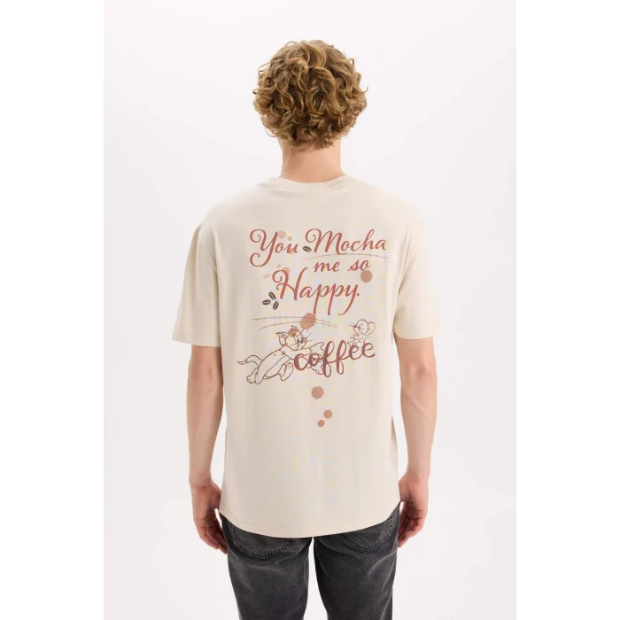 Defacto D6789 Bej Tom & Jerry Regular Fit Bisiklet Yaka Sırt Baskılı Kısa Kollu Tişört