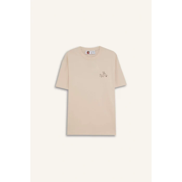 Defacto D6789 Bej Tom & Jerry Regular Fit Bisiklet Yaka Sırt Baskılı Kısa Kollu Tişört