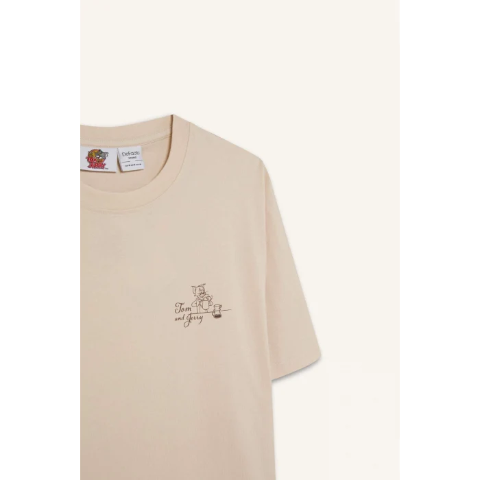 Defacto D6789 Bej Tom & Jerry Regular Fit Bisiklet Yaka Sırt Baskılı Kısa Kollu Tişört