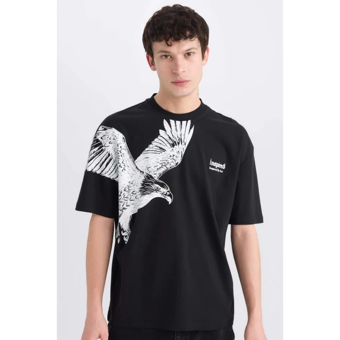 Defacto D9506 Siyah Oversize Geniş Kalıp Bisiklet Yaka Baskılı Baskılı Kısa Kollu Tişört