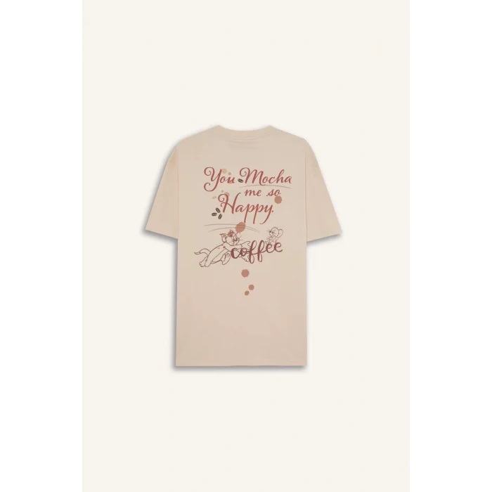 Defacto D6789 Bej Tom & Jerry Regular Fit Bisiklet Yaka Sırt Baskılı Kısa Kollu Tişört