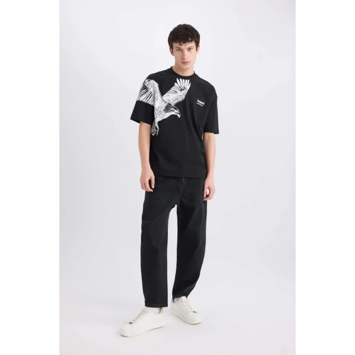 Defacto D9506 Siyah Oversize Geniş Kalıp Bisiklet Yaka Baskılı Baskılı Kısa Kollu Tişört