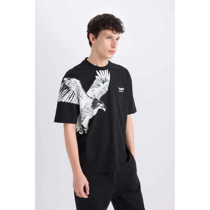 Defacto D9506 Siyah Oversize Geniş Kalıp Bisiklet Yaka Baskılı Baskılı Kısa Kollu Tişört