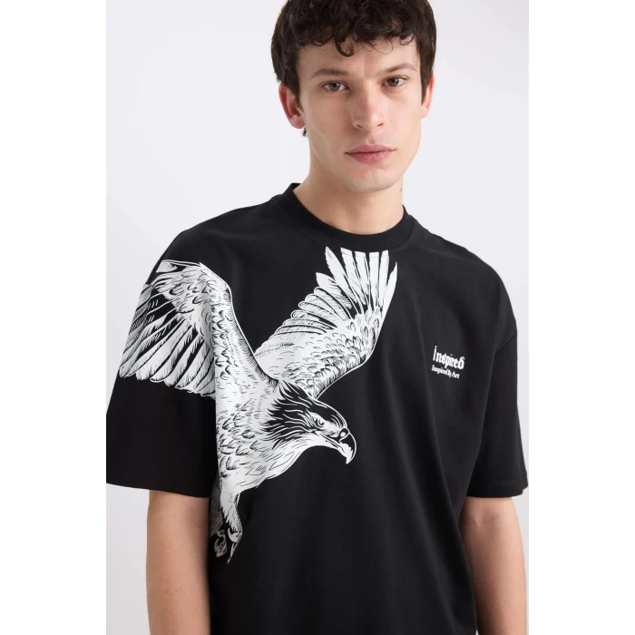 Defacto D9506 Siyah Oversize Geniş Kalıp Bisiklet Yaka Baskılı Baskılı Kısa Kollu Tişört