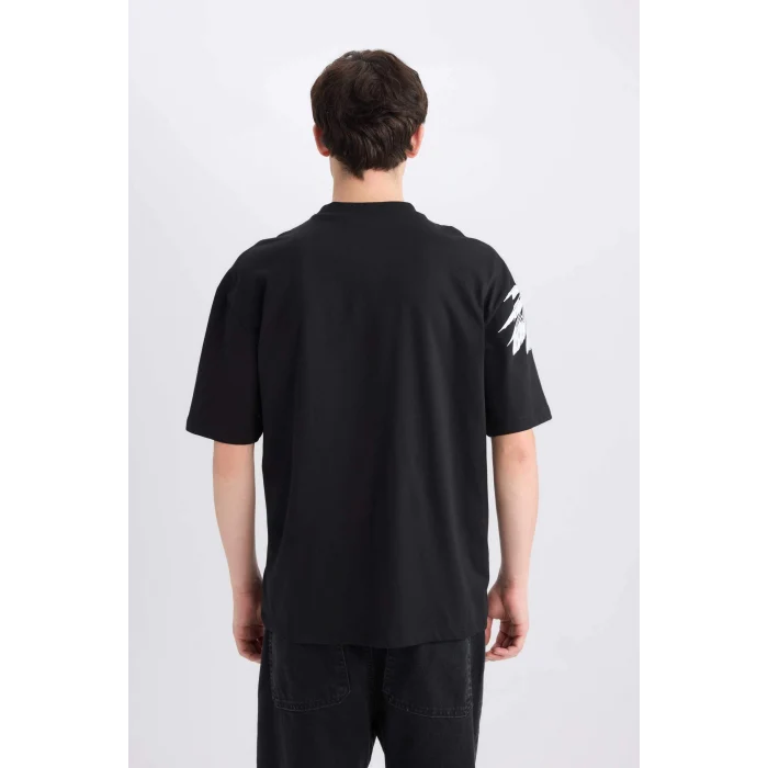 Defacto D9506 Siyah Oversize Geniş Kalıp Bisiklet Yaka Baskılı Baskılı Kısa Kollu Tişört
