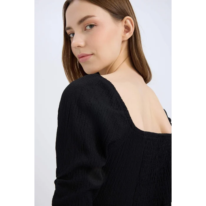 Defacto E0885 Siyah Bodycon Vücudu Saran Kare Yaka Yırtmaçlı Basic Düz Bürümcük Yarım Kol Siyah Midi Elbise