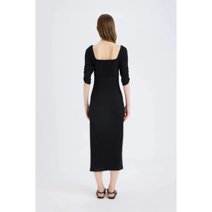 Defacto E0885 Siyah Bodycon Vücudu Saran Kare Yaka Yırtmaçlı Basic Düz Bürümcük Yarım Kol Siyah Midi Elbise