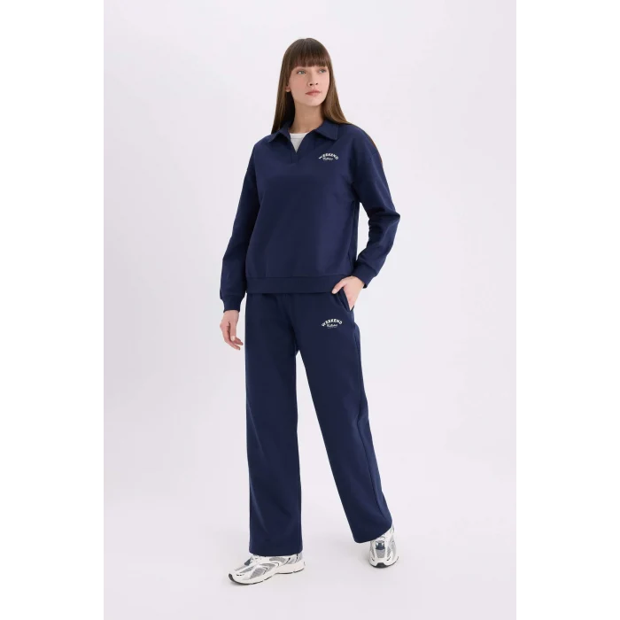 Defacto E6080 Lacivert Wide Leg Kışlık Eşofman Altı Baskılı Beli Lastikli Geniş Bol Paça