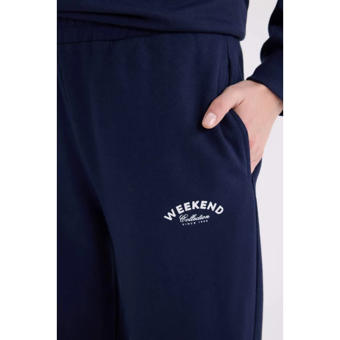 Defacto E6080 Lacivert Wide Leg Kışlık Eşofman Altı Baskılı Beli Lastikli Geniş Bol Paça