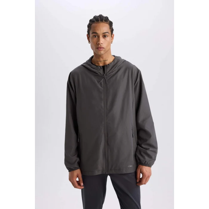 Defacto D6180 Antrasit DeFactoFit Su İtici Regular Fit Kapüşonlu File Astarlı Fermuarlı Dokuma Mevsimlik Baharlık Mont