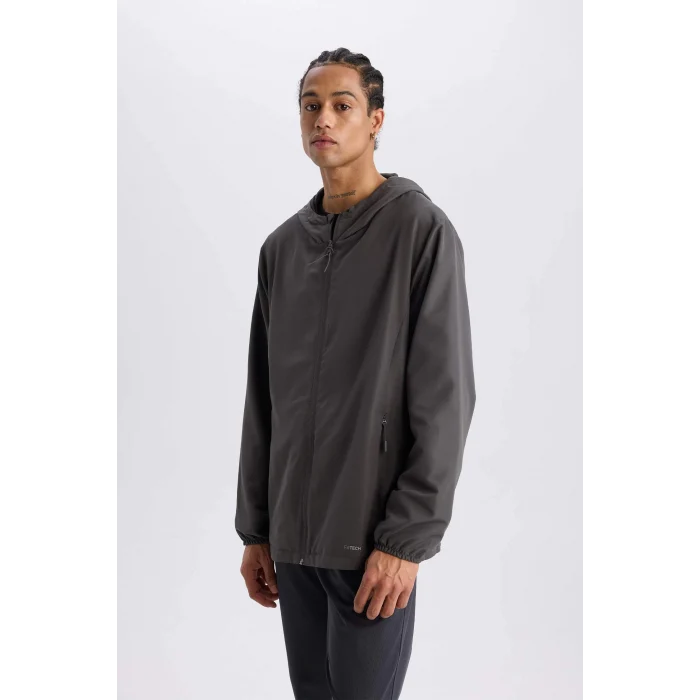 Defacto D6180 Antrasit DeFactoFit Su İtici Regular Fit Kapüşonlu File Astarlı Fermuarlı Dokuma Mevsimlik Baharlık Mont