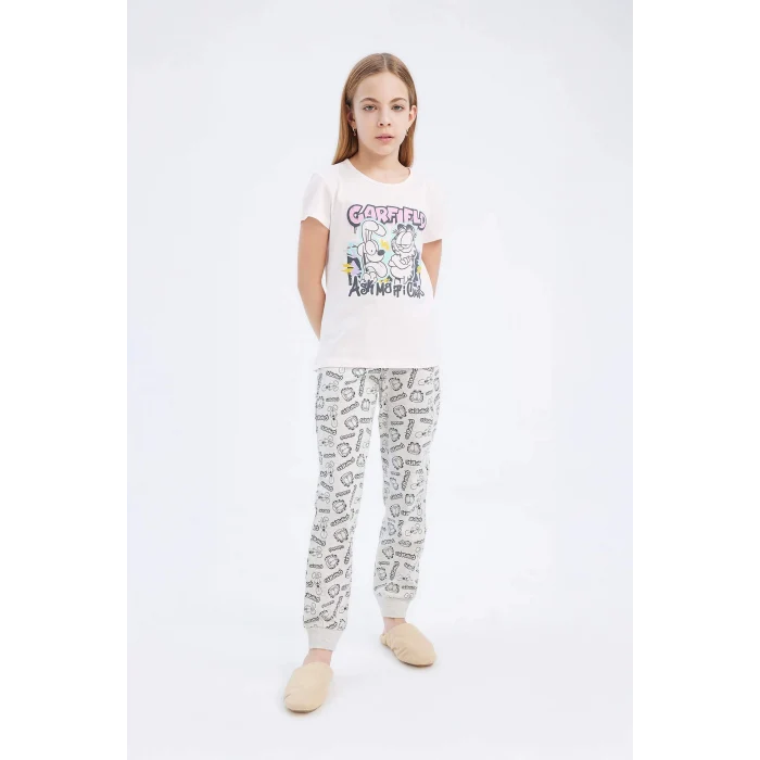 Defacto E2223 Pembe Kız Çocuk Garfield Pijama Takımı Kısa Kollu Üst Beli Lastikli Uzun Alt