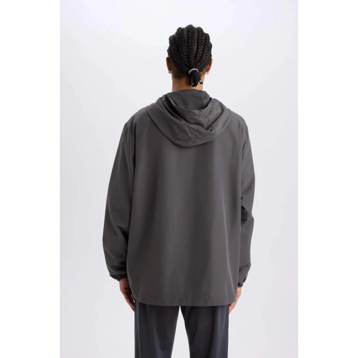 Defacto D6180 Antrasit DeFactoFit Su İtici Regular Fit Kapüşonlu File Astarlı Fermuarlı Dokuma Mevsimlik Baharlık Mont