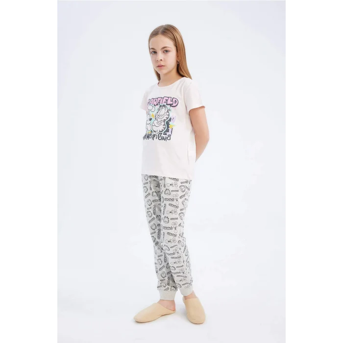 Defacto E2223 Pembe Kız Çocuk Garfield Pijama Takımı Kısa Kollu Üst Beli Lastikli Uzun Alt