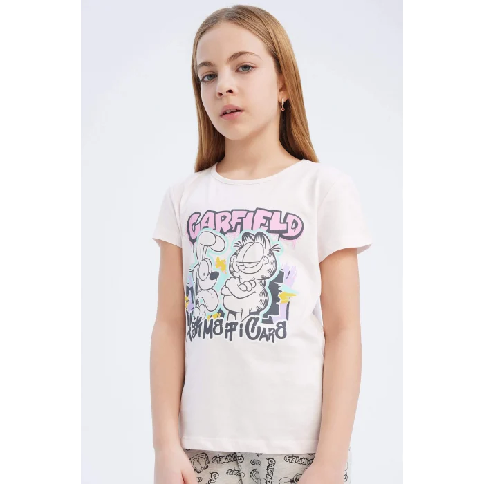 Defacto E2223 Pembe Kız Çocuk Garfield Pijama Takımı Kısa Kollu Üst Beli Lastikli Uzun Alt