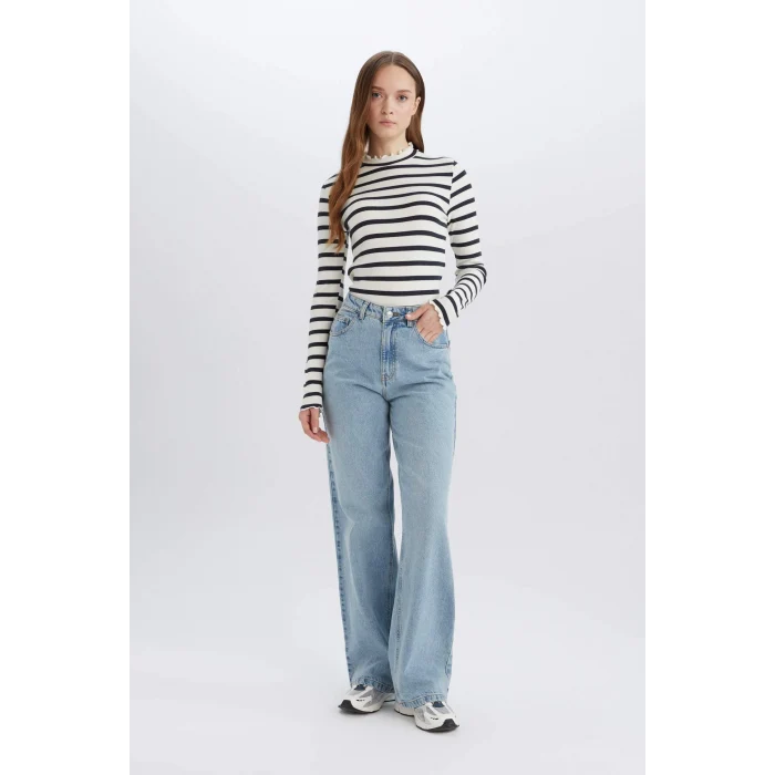 Defacto C5403 Lacivert Yarım Balıkçı Yaka Çizgili Uzun Kollu Tişört