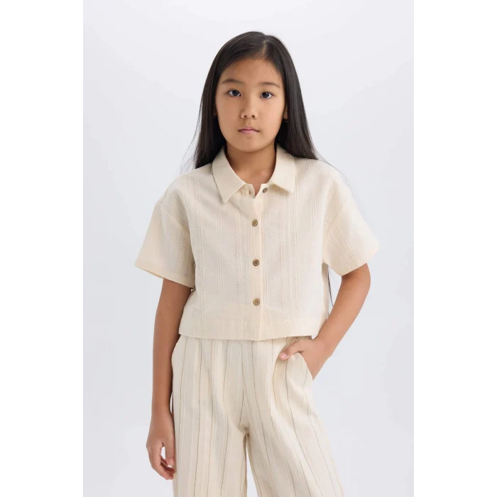 Defacto D9142 Bej Kız Çocuk Crop Keten Kısa Kollu Gömlek