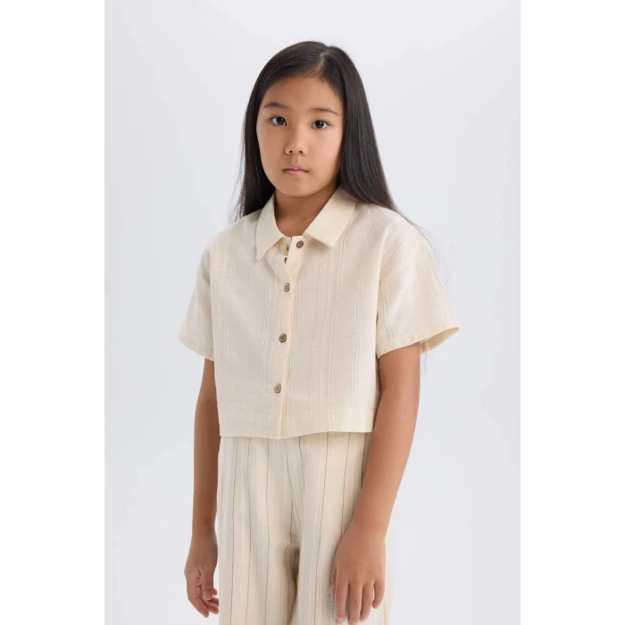 Defacto D9142 Bej Kız Çocuk Crop Keten Kısa Kollu Gömlek