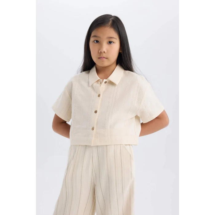 Defacto D9142 Bej Kız Çocuk Crop Keten Kısa Kollu Gömlek