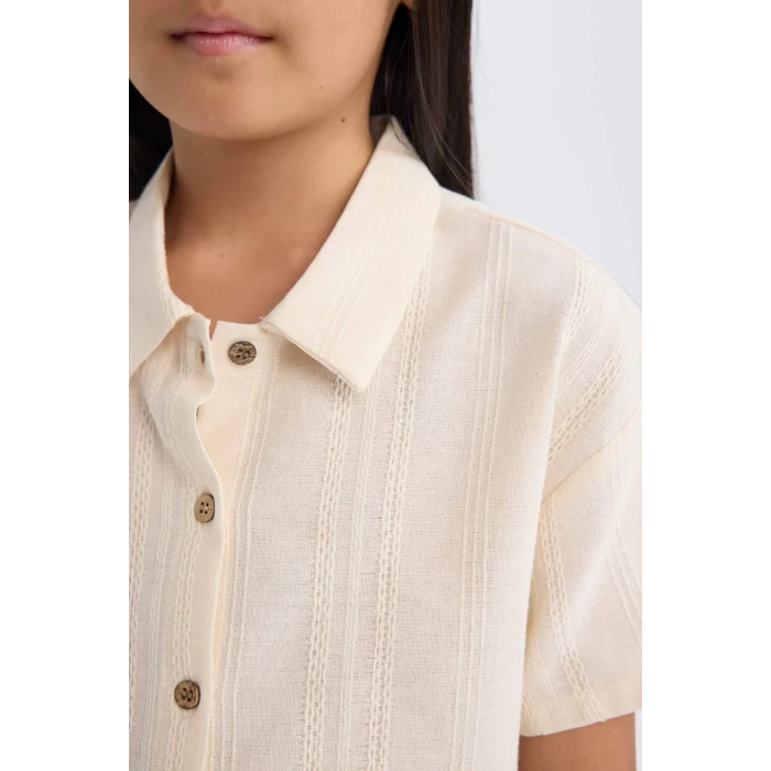 Defacto D9142 Bej Kız Çocuk Crop Keten Kısa Kollu Gömlek