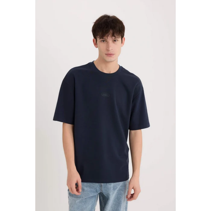 Defacto D5519 Lacivert Boxy Fit Bisiklet Yaka Baskılı Kısa Kollu Ağır Kumaş Tişört