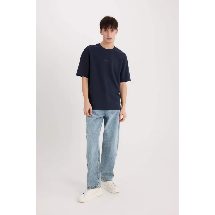 Defacto D5519 Lacivert Boxy Fit Bisiklet Yaka Baskılı Kısa Kollu Ağır Kumaş Tişört