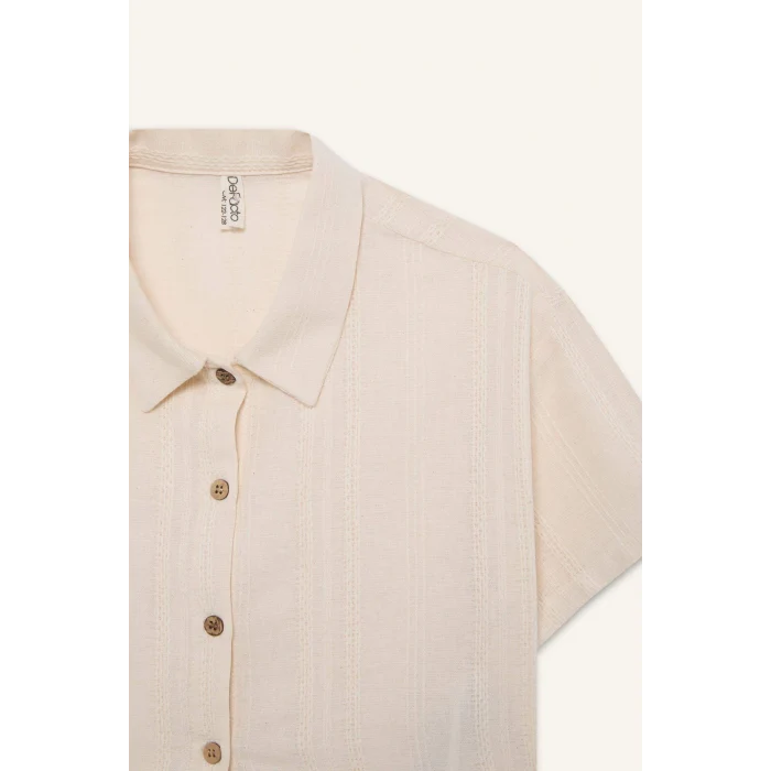 Defacto D9142 Bej Kız Çocuk Crop Keten Kısa Kollu Gömlek