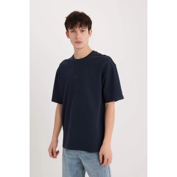 Defacto D5519 Lacivert Boxy Fit Bisiklet Yaka Baskılı Kısa Kollu Ağır Kumaş Tişört