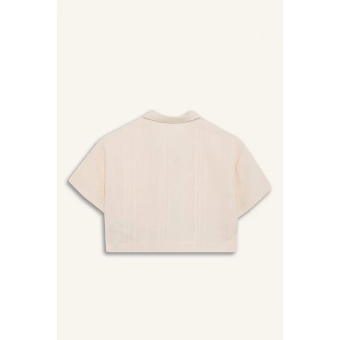 Defacto D9142 Bej Kız Çocuk Crop Keten Kısa Kollu Gömlek