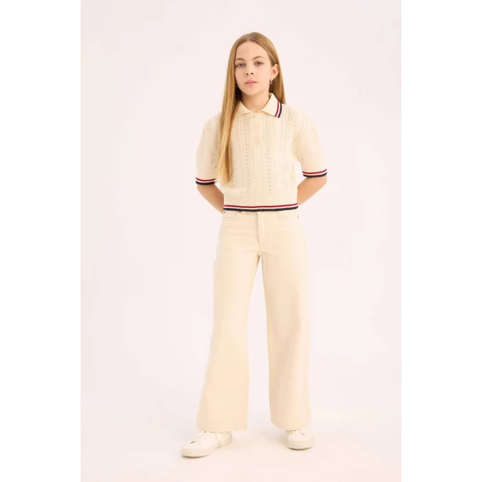 Defacto D7098 Ekru Kız Çocuk Wide Leg Geniş Paça Pamuklu Pantolon