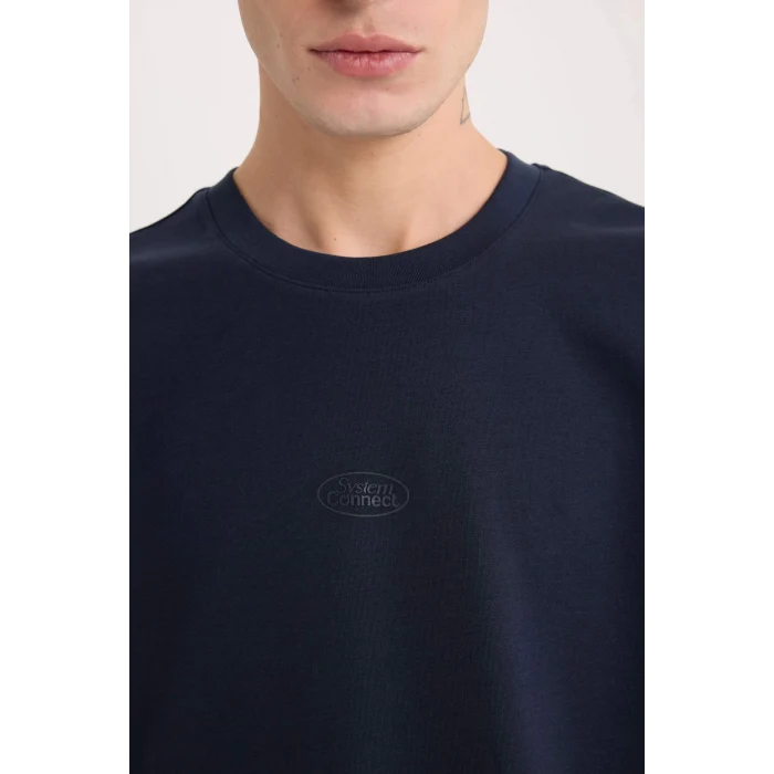 Defacto D5519 Lacivert Boxy Fit Bisiklet Yaka Baskılı Kısa Kollu Ağır Kumaş Tişört