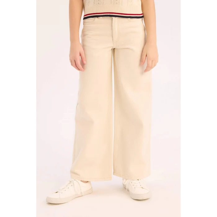 Defacto D7098 Ekru Kız Çocuk Wide Leg Geniş Paça Pamuklu Pantolon