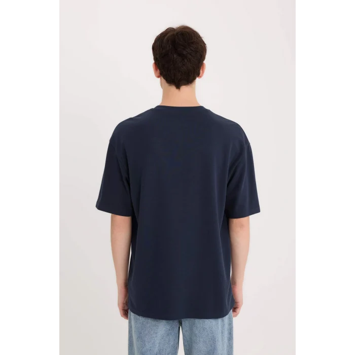 Defacto D5519 Lacivert Boxy Fit Bisiklet Yaka Baskılı Kısa Kollu Ağır Kumaş Tişört