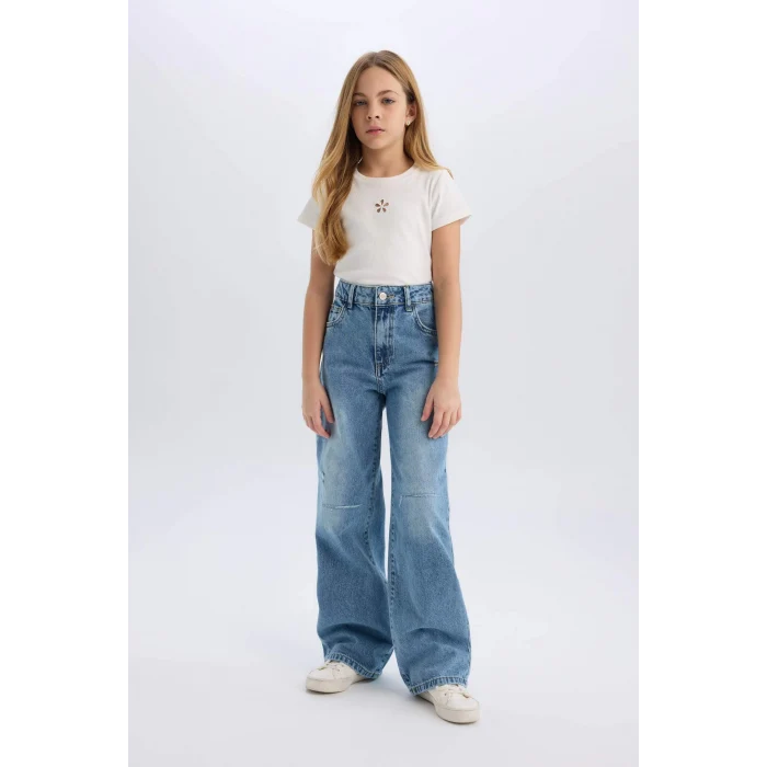 Defacto D7374 Mavi Kız Çocuk Wide Leg Yırtık Detaylı Geniş Paça Jean Pantolon
