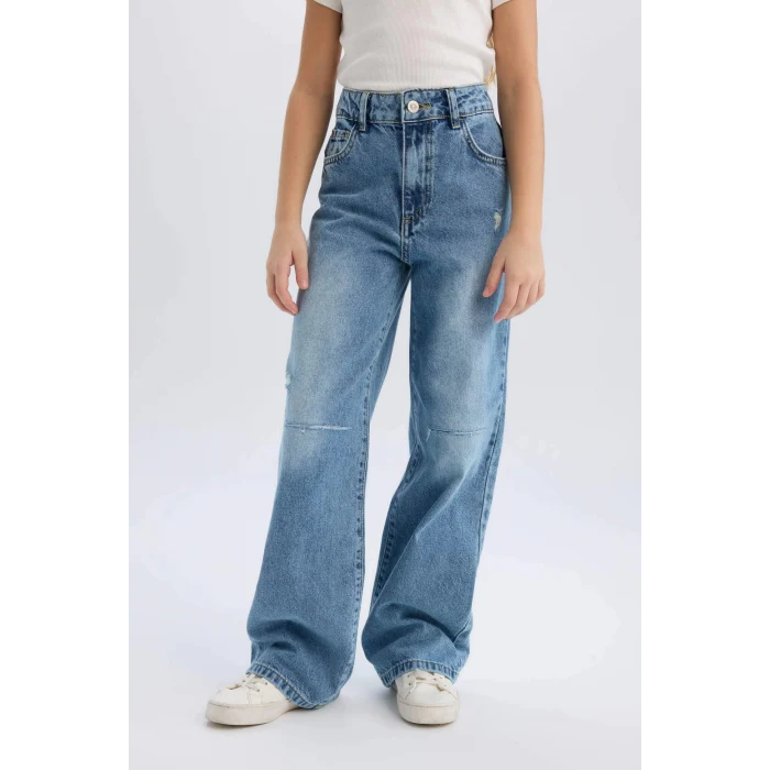 Defacto D7374 Mavi Kız Çocuk Wide Leg Yırtık Detaylı Geniş Paça Jean Pantolon