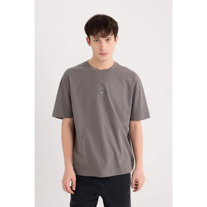 Defacto D9343 Gri Oversize Geniş Kalıp Bisiklet Yaka Sırt Baskılı Kısa Kollu Tişört