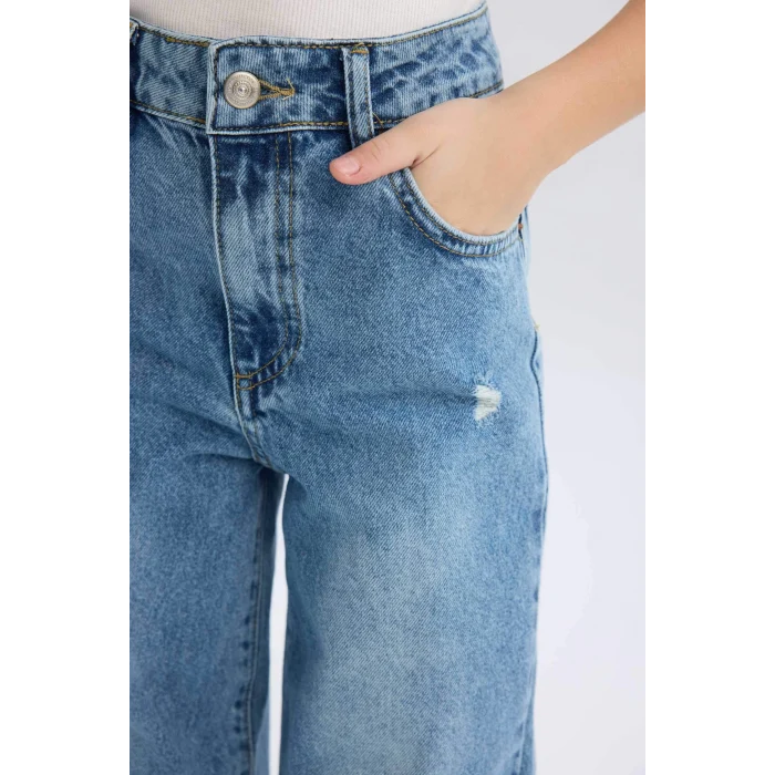 Defacto D7374 Mavi Kız Çocuk Wide Leg Yırtık Detaylı Geniş Paça Jean Pantolon