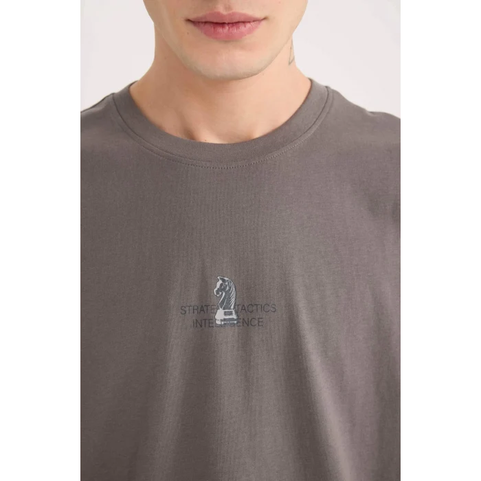 Defacto D9343 Gri Oversize Geniş Kalıp Bisiklet Yaka Sırt Baskılı Kısa Kollu Tişört